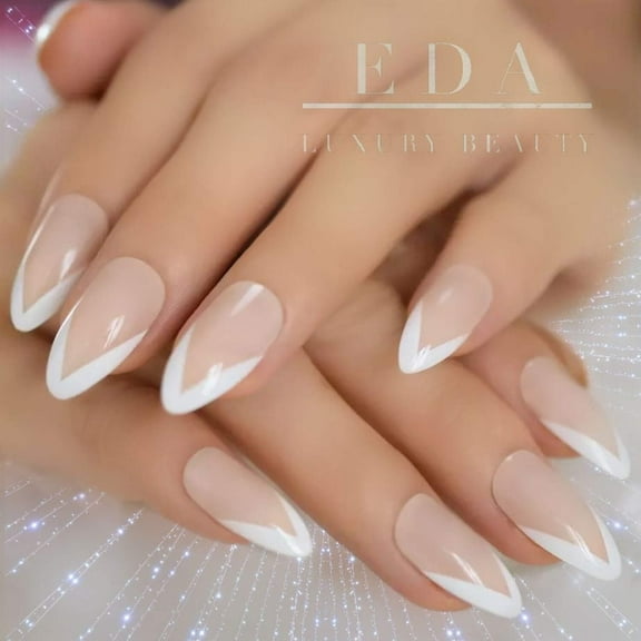 Chic Bloom, Natural Nude White V French Press On Nails Long Tips Almond Stiletto False Nails Set