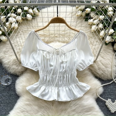 Chic Blouse for Women V Neck Solid Lace-up Puff Sleeve Elastic Waist Blusas Mujer Patchwork Summer Camisas Ruffles Dropshipping
