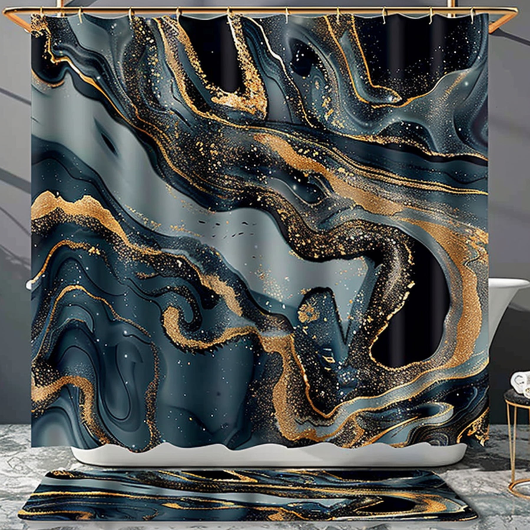 Chic Blue and Gold Marble Shower Curtain Set Elegant Bathroom Decor