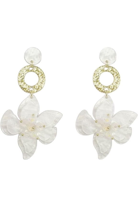 Chic Bohemian Acrylic Resin Flower Dangle Earrings for Women Elegant Hawaii Flower Lei Petal Long Drop Gold Plated Floral Tassel Statement Hanging Stud Earring for Wedding Party Bride Jewelry