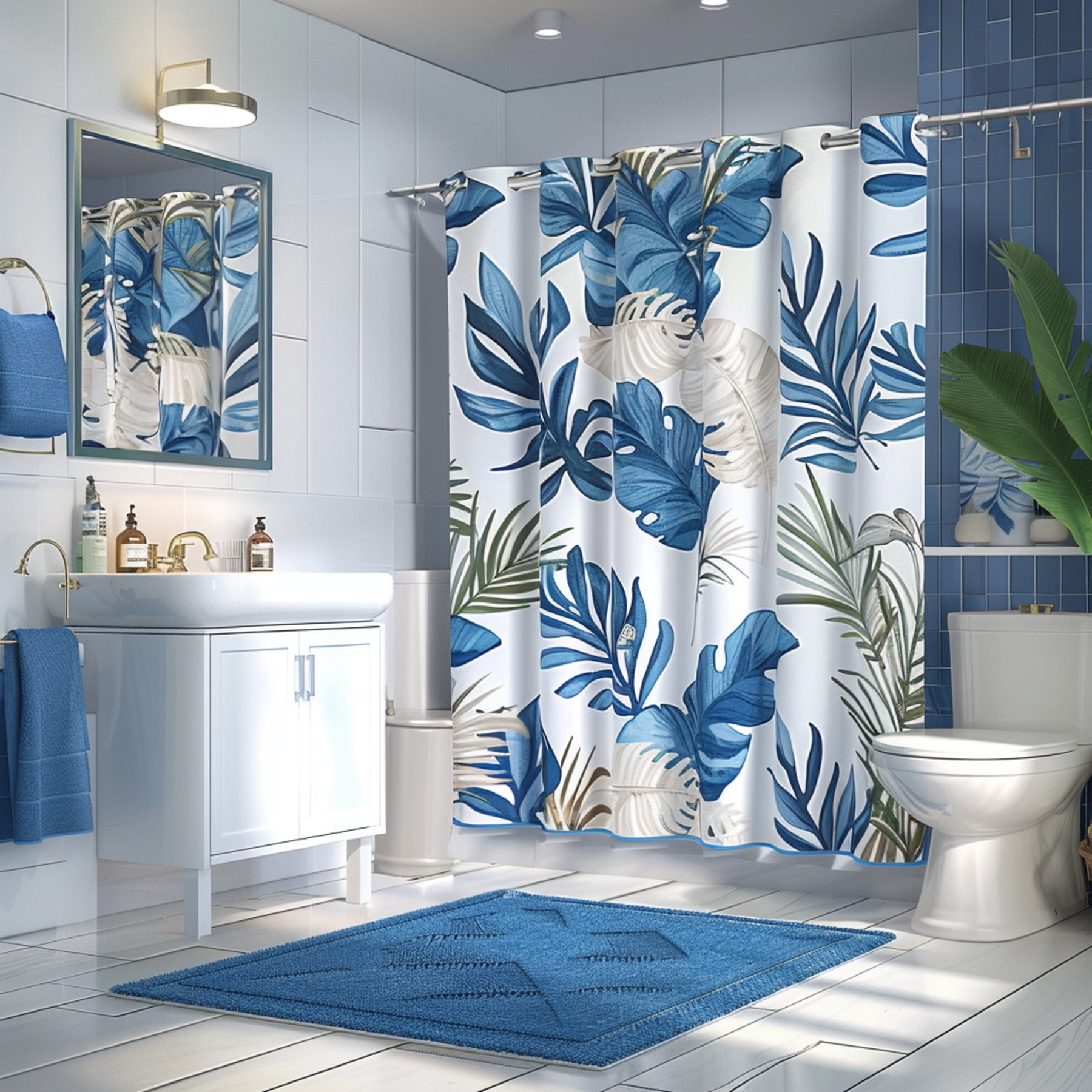 Chic Bohemian Blue Leaf Bathroom Set Shower Curtain and Vanity ...