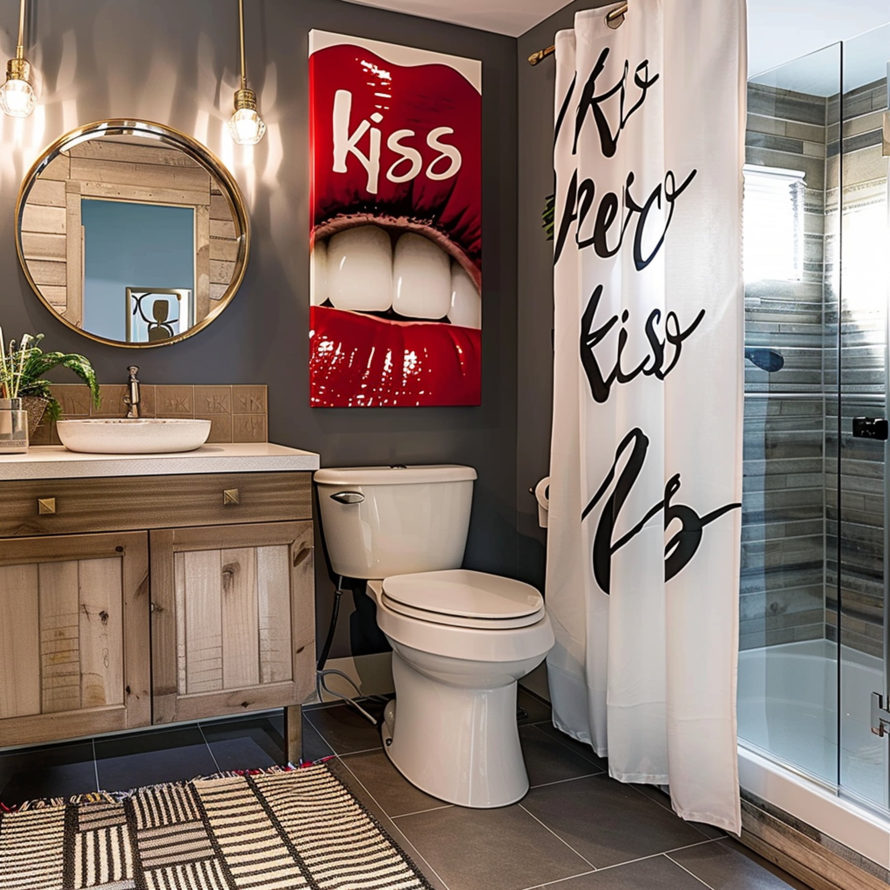 Chic Boho Bathroom Set Red Lips Wall Art Light Wood Modern