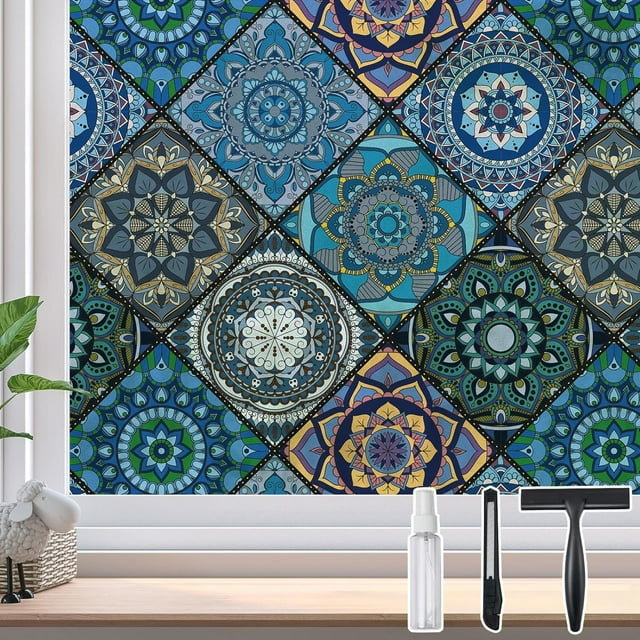 Chic Boho Day and Night Privacy Window Film with Free Installation Tools, Static Cling Window Privacy Film Decorative Stained Glass Look (B110, 17.7" x 118.1")