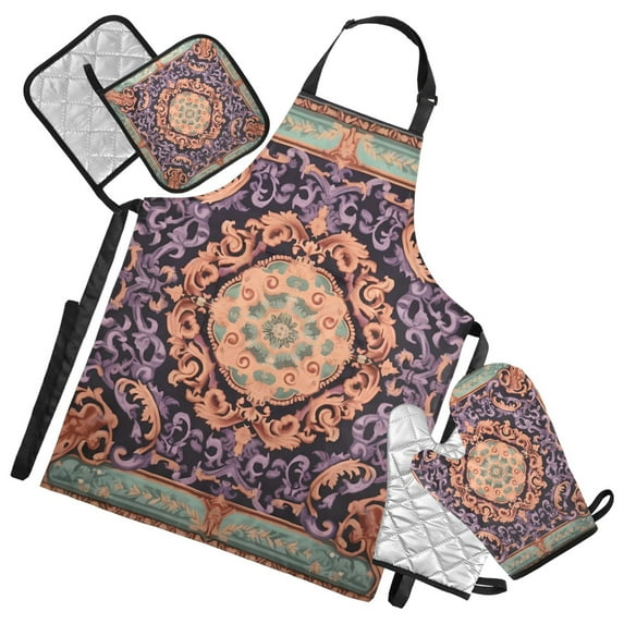 Chic Boho Mandala 5 Pcs Kitchen Set Heat Resistant Oven Mitts and Non-Slip Pot Holders with Adjustable Cooking Apron