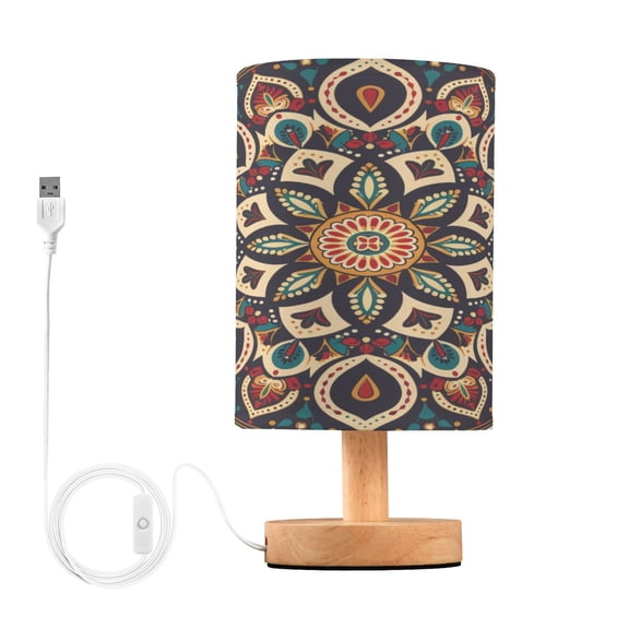 Chic Boho Mandala Bedside Table Lamp Desk Warm Lights with USB Charging Port Cylinder LED Lamps for Bedroom Living Room Office