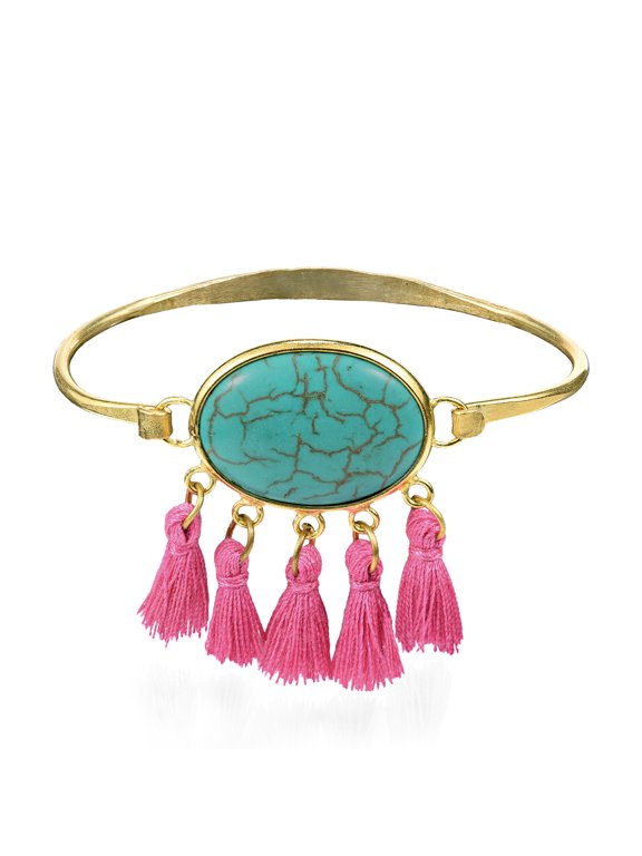 Chic Boho Oval Simulated Turquoise & Pink Cotton Tassels Brass Bracelet