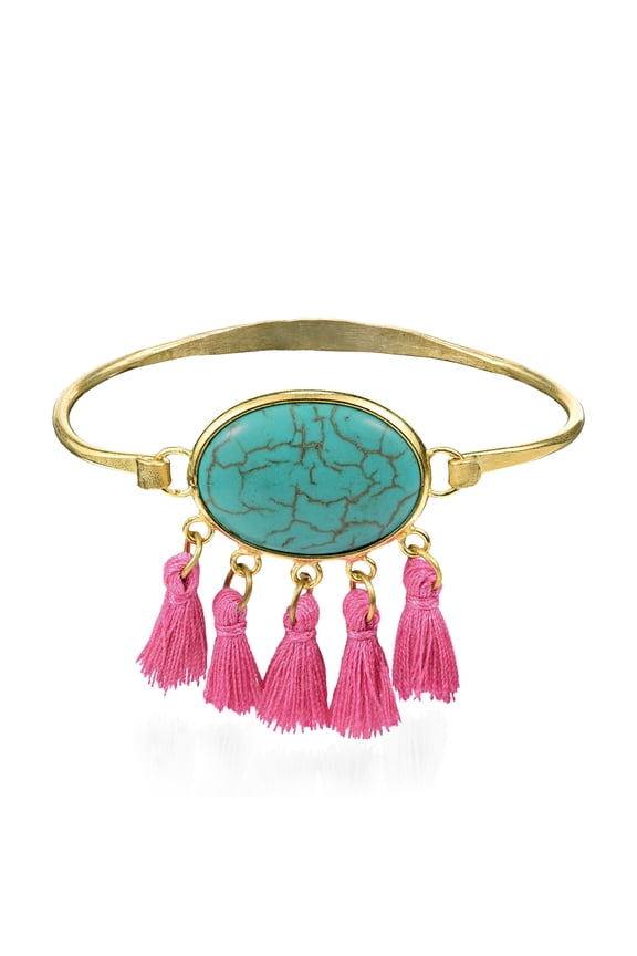 Chic Boho Oval Simulated Turquoise & Pink Cotton Tassels Brass Bracelet