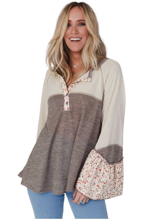 Chic Boho Women's Top with Color Block and Floral Patchwork Design | [ZhiHiMeRi] | (US 8-10)M