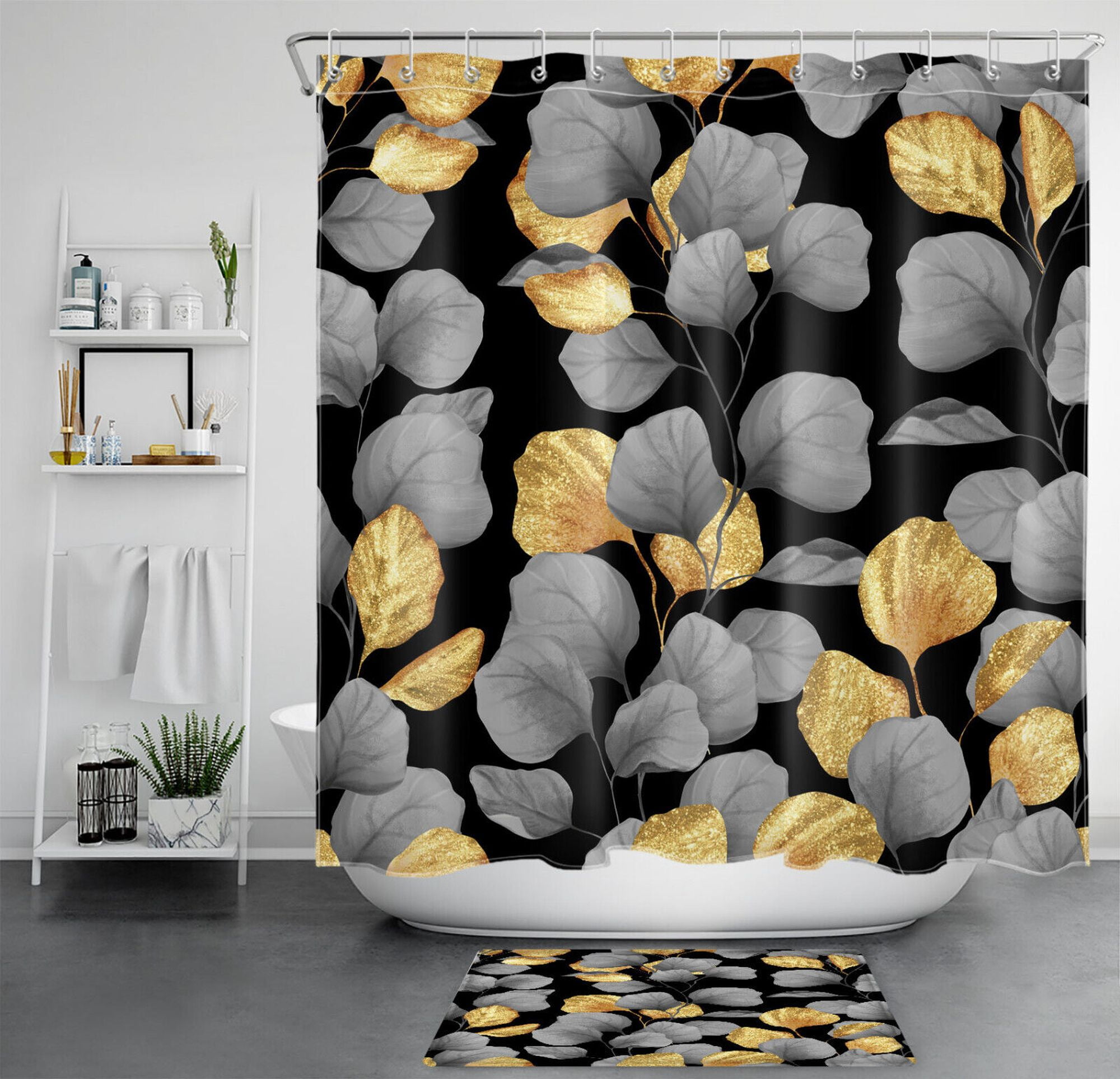 Chic Botanical Shower Curtain Set Rustic Gold & Grey Leaf Design for Stylish Bathroom Decor