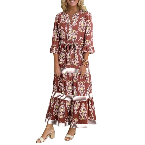 Chic Brown Floral Print Maxi Dress – A-Line Silhouette with V Neck for Effortless Summer Fashion | M