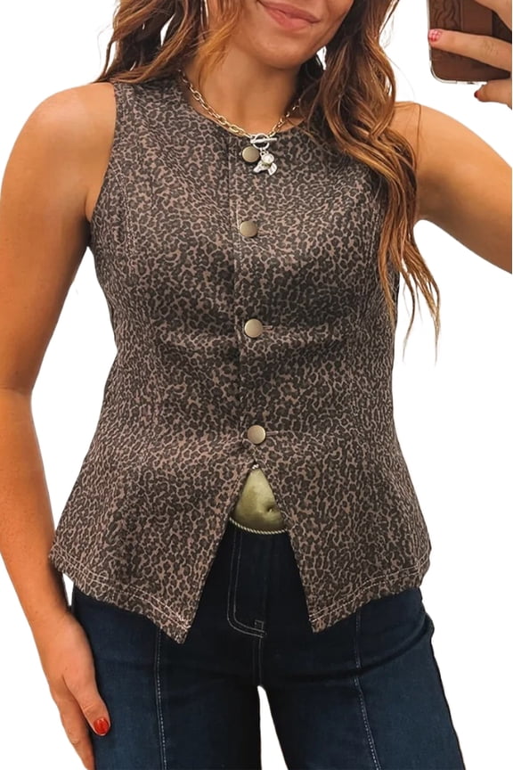 Chic Brown Leopard Print Denim Vest – Perfect for Outdoor Adventures, M