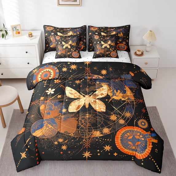 Chic Butterfly Bed in a Bag 7-Piece Women Gold Wildlife Bedding Set, Groovy Party Old Fashion Twin Size Comforter Set Mandala Floral Bedding Comforter Sets, Tribal Pattern Bed Set