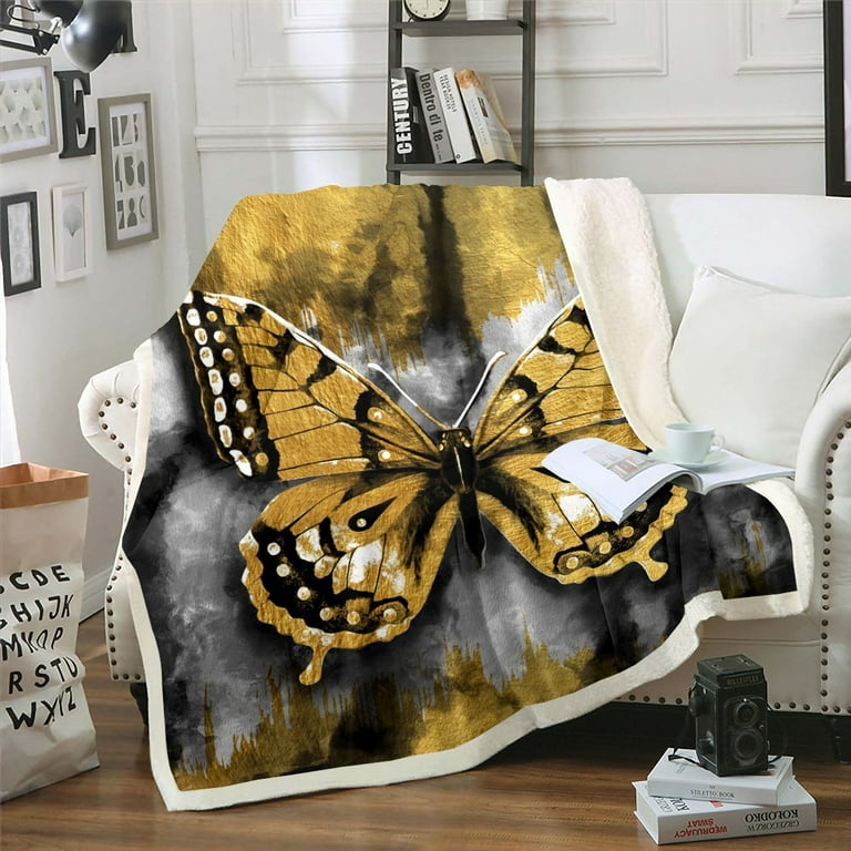 Chic Butterfly Sherpa Blanket Gold Butterfly Blanket Golden Grey Ombre Throw Blanket for Chair Abstract Artwork Fleece Blanket Gray Black Gradient Watercolor Plush Blanket Breathable Room Decor Walmar...