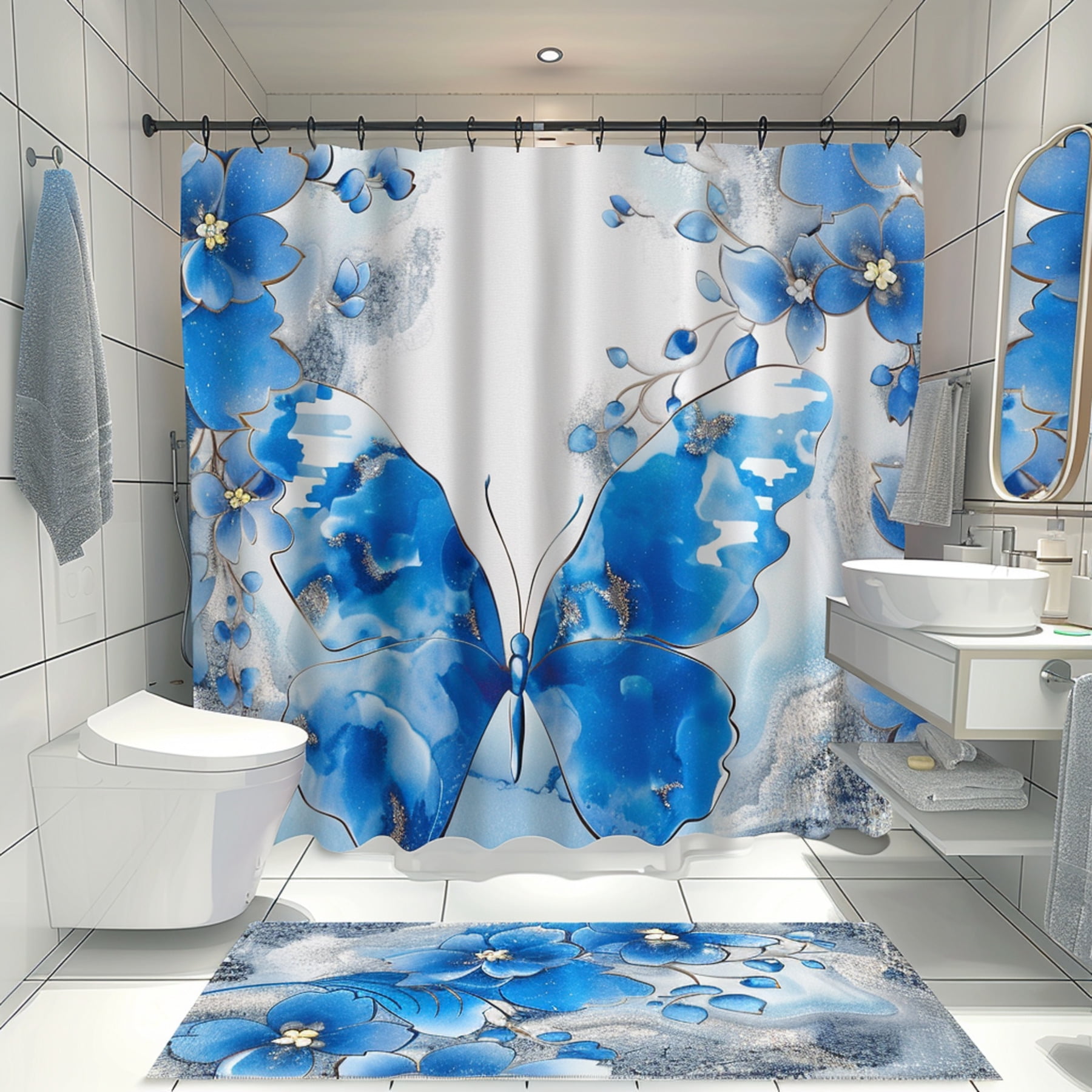 Chic Butterfly and Floral Bathroom Set Modern Blue White Decor with ...