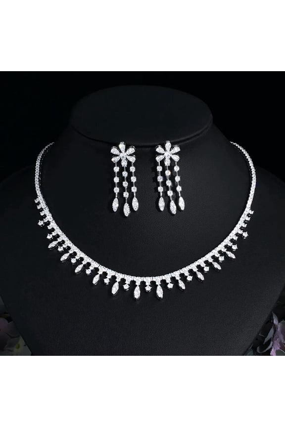 Chic CZ Bridal Tassel Choker Necklace Earrings Jewelry Set Costume Accessories