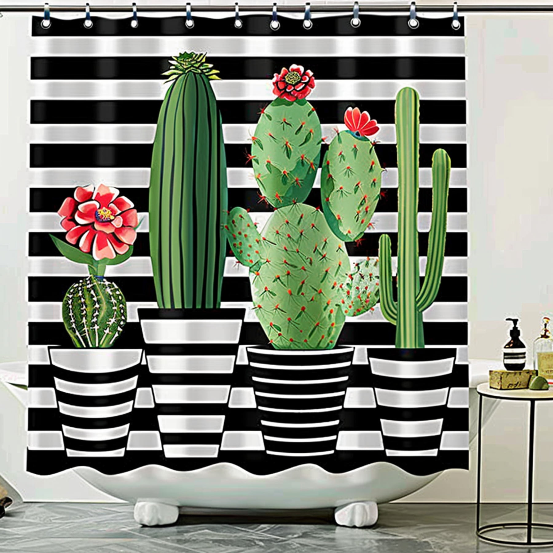 Chic Cactus & Flower Pot Shower Curtain Black & White Striped Bathroom