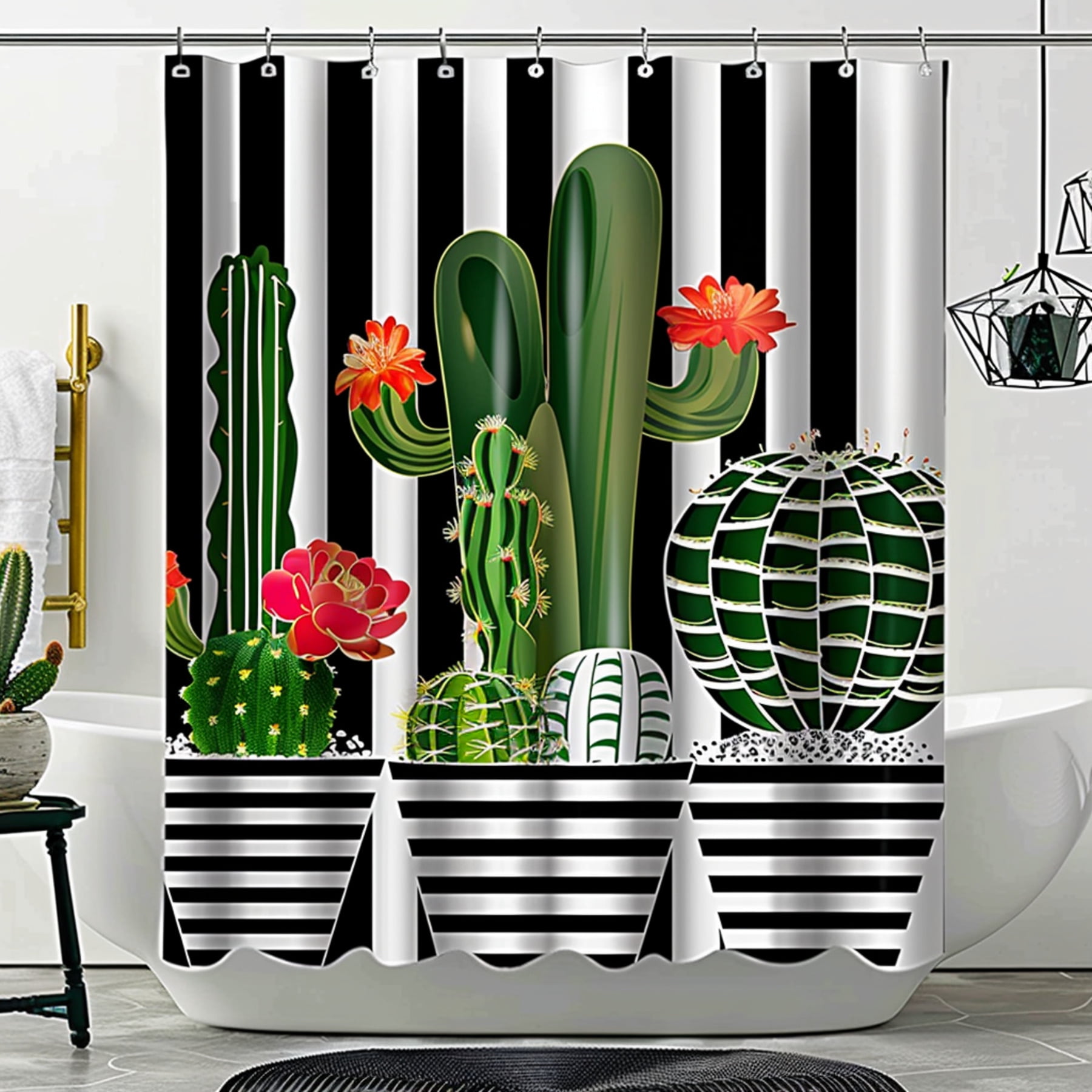 Chic Cactus Shower Curtain Set Modern Bathroom Decor with Striped