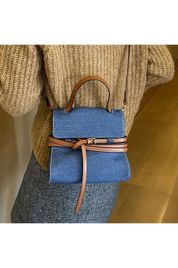 Chic Canvas Handbag with Denim Accents - Latest Korean Design Small Square Pouch for Modern Outfits