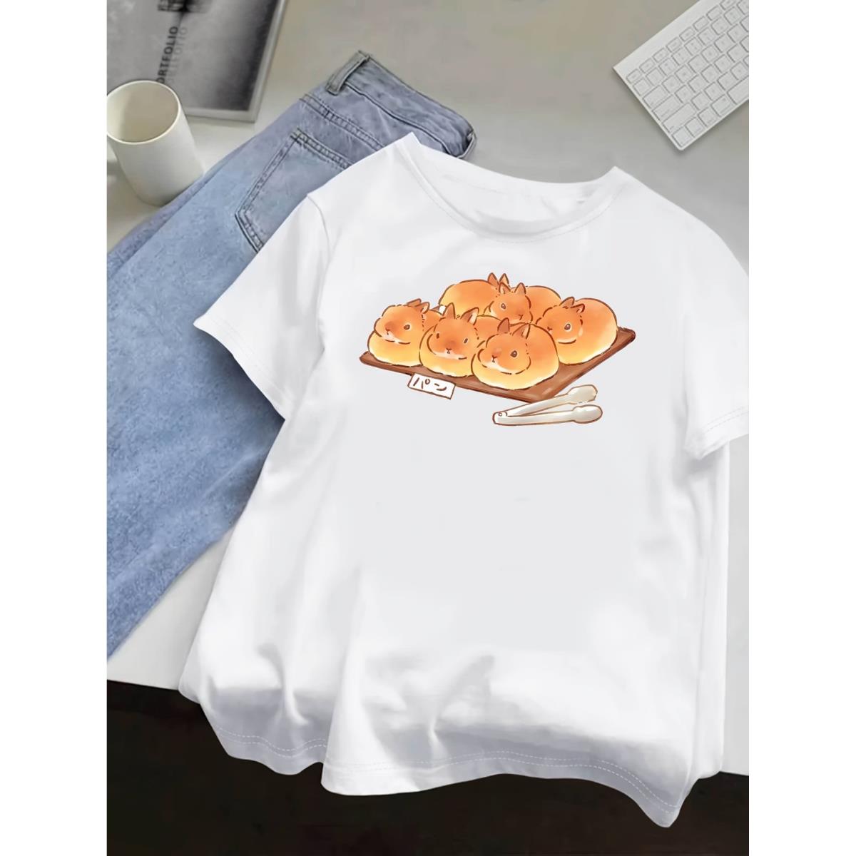 Girlfriend Boyfriend Cartoon Bunny Print Round Neck T-Shirt