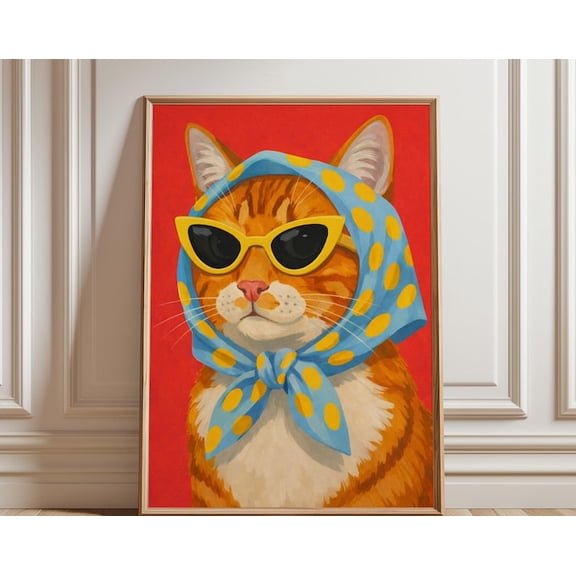 Chic Cat Sunglasses Wall Art Print, Unframed Paper Poster 24x36in