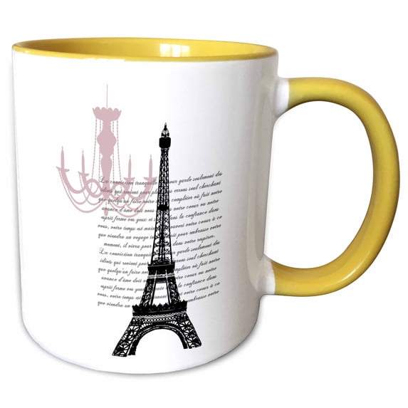 3drose, Chic Chandelier and Eiffel Tower with Script, 11oz Two-tone Yellow Mug