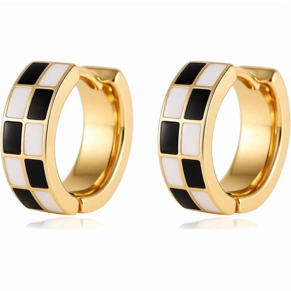 Chic Checker Small Hoop Cartilage Earrings Teacher Earrings for Women；White Black Enamel Hypoallergenic Hooped Gifts Gold and Silver tone