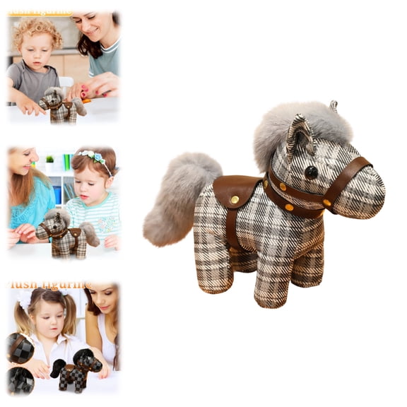 Chic Checkered Leather Pony Stuffed Figurine, Soft Faux Fur Accents for Tactile Stress Relief, Compact Desk Companion for Home & Office, Stylish Decor & Comforting Gift for Relaxation Seekers
