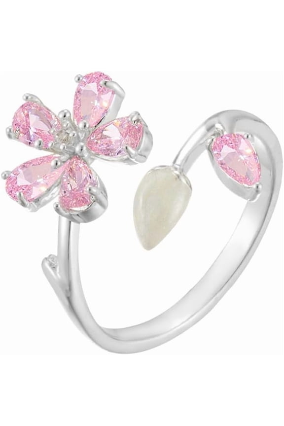 Chic Cherry Blossom Flower Ring for Women Pink Crystal CZ Floral Statement Rings Flower Leaf Wrap Finger Ring Adjustable Open Band Rings