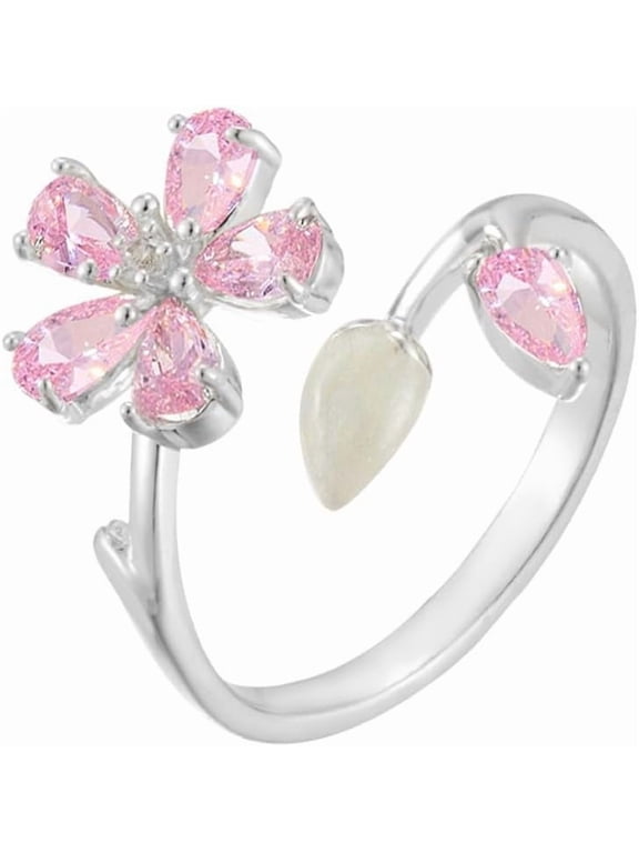 Chic Cherry Blossom Flower Ring for Women Pink Crystal CZ Floral Statement Rings Flower Leaf Wrap Finger Ring Adjustable Open Band Rings