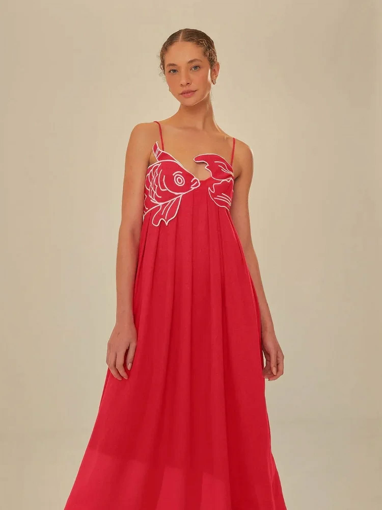 Chic Chinese Red Fish Shape Bra Sling Maxi Dress Elegant Sleeveless Backless Pleated Dresses Summer New Lady Party Vacation Robe Dresses Walmart