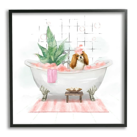 Chic Cocker Spaniel Puppy in Pink Bubble Bath Animals & Insects Framed Art Print Wall Art, 17x17
