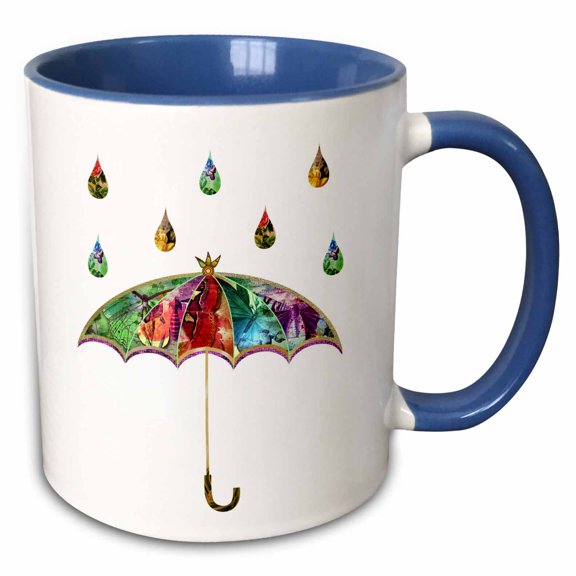 3drose, Chic Collage Patterned Umbrella and Rain Drop Illustrations, 11oz Two-tone Blue Mug