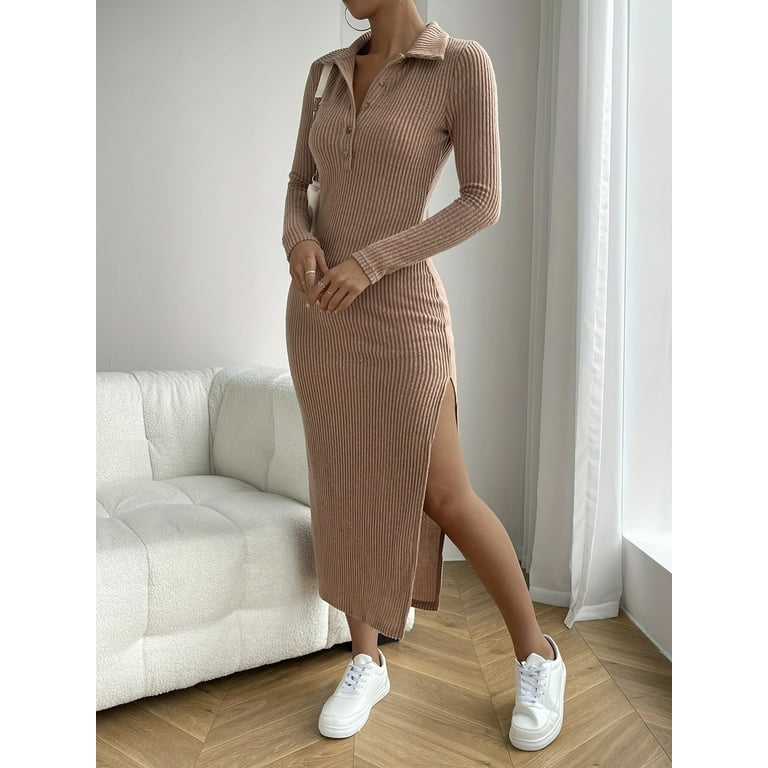 Chic Collared Button Up Bodycon Dress Long Sleeve Front Slit Detail Perfect for Spring Fall Elegance Women s