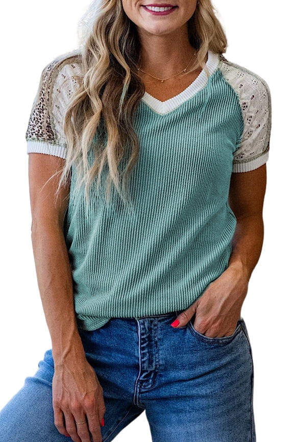 Chic Color Block Leopard Patchwork Tee for Women – Twisted Ribbed V Neck, Perfect for Daily Wear, L