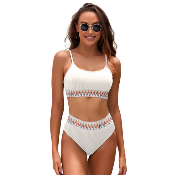 Chic Colorblock High Waisted Bikini - Textured Fabric for a Flattering Fit | [ZhiHiMeRi] | (US 8-10)M