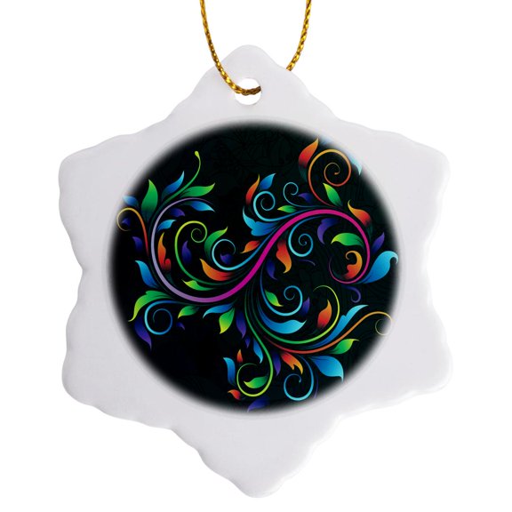 3drose, Chic Colorful Leavy Flourish Against a Teal Background, 3 inch Snowflake Porcelain Ornament