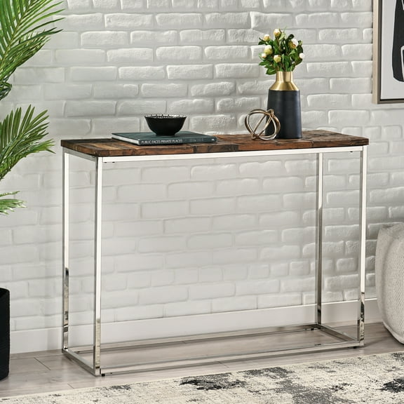 Chic Console Table With Recycled Wood And Stainless Steel Charm Rustic Durability Appeal