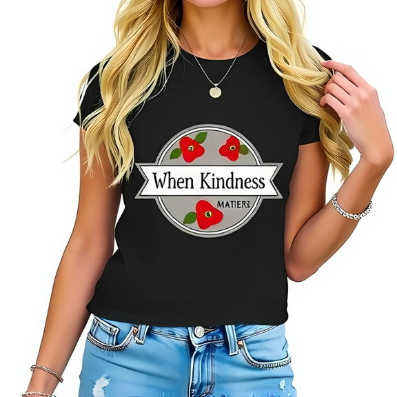 Chic Cotton Short Sleeve T-Shirt with " When Kindness Matters " Graphic & Vibrant Red Flower Design
