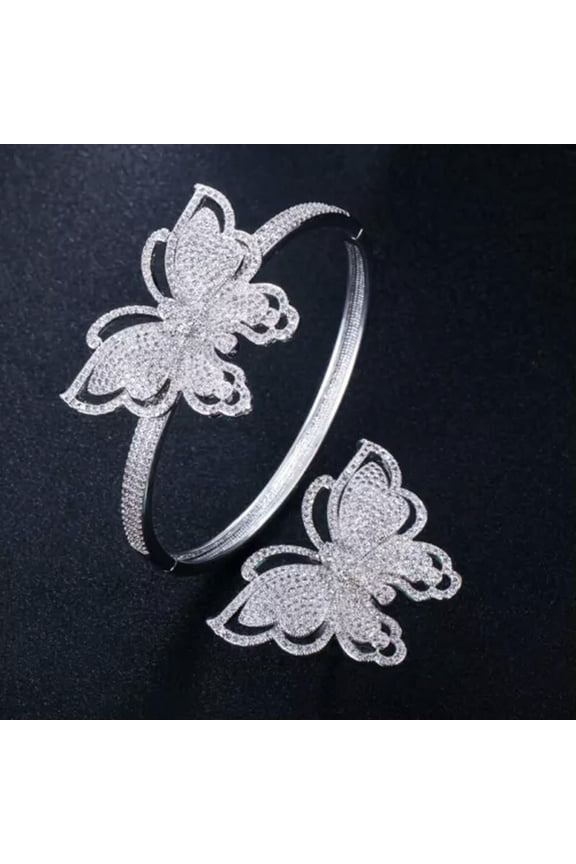 Chic Cubic Zircon Crystal Ladies Big Butterfly Open Bracelet Bangle and Ring Set
