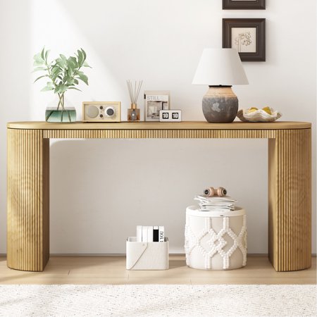 Chic Curved Console Table With Vertical Stripe Embellishment - Spacious Pine Platform For Rooms Build & Easy To Install Elegant Enrichment Tabletop Various Construction Effortless Assembly