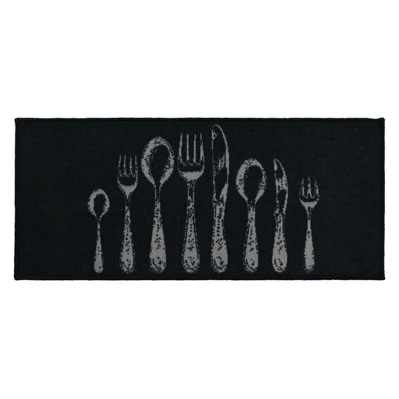 Chic Cutlery Print Kitchen Runner Rug Black with Soft Wool Effect - 48 x 20 inches
