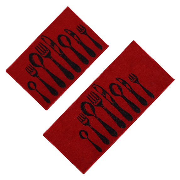 Chic Cutlery Print Red Wool-Effect Kitchen Mat and Runner Rug Set of 2