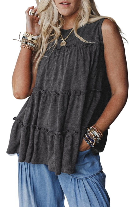 Chic Dark Grey A-line Tank Top for Women – Sleeveless with Ruffle Detail, Perfect for Daily Outings, L