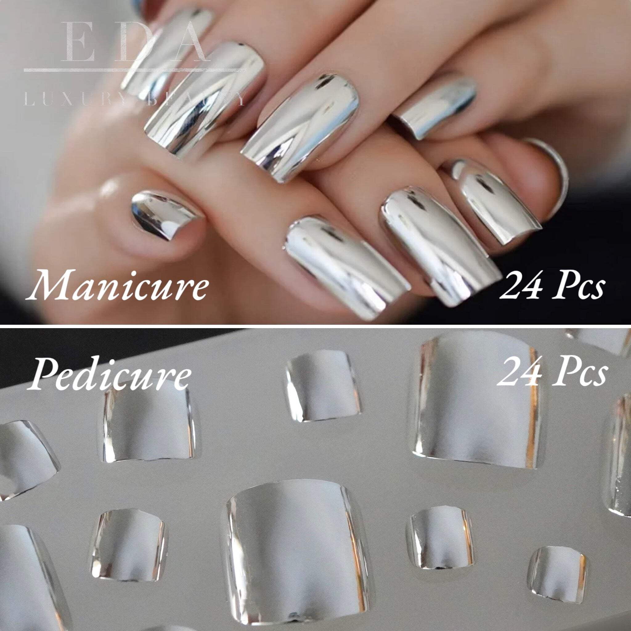 Space Glow | Silver | Mirror Design | Metallic, Glossy | Stiletto | Long | Reusable Press On Nails  Toe Nails Set