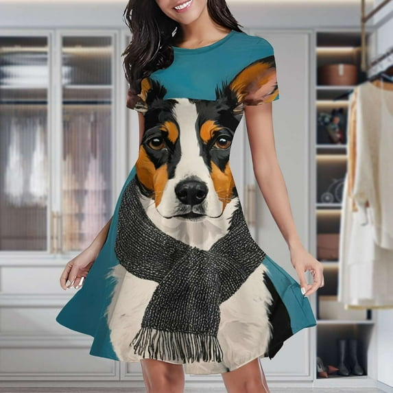 Chic Dog Scarf Art Print Women's Classic Swing Skater Dress Casual Work Party Cocktail Dresses