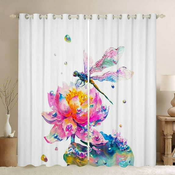 Chic Dragonfly Blackout Curtains Pink Lotus Floral Curtains & Drapes, Girly Flowers Curtains Watercolor Oil Painting Black Out Curtains, Botanical Plants Animal Window Drapes White Pink Turqoise
