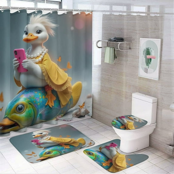 Chic Duck on Fish with Phone Shower Curtain Waterproof Bathroom Curtain Set with Hooks Home Decor Bathroom Curtains 4pcs