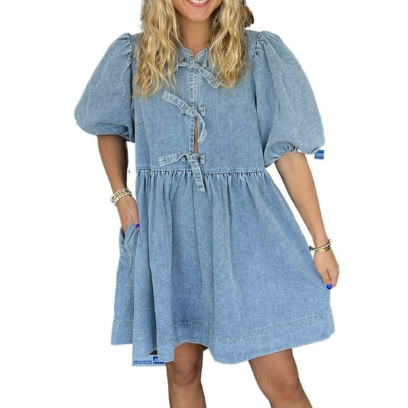 Chic Dusk Blue Bowknot Bubble Sleeve Short Denim Dress for Women | [ZhiHiMeRi] | (US 12-14)L