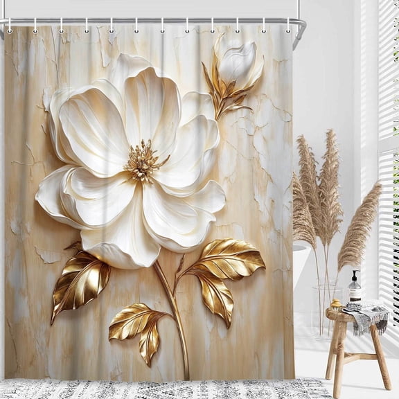 Chic Elegant Floral Shower Curtain, Modern Minimalist Abstract White and Gold Flower Shower Curtains Set, Luxury Golden Leaves Fabric Shower Curtains for Bathroom Decor Bathtub with Hooks,72X72in