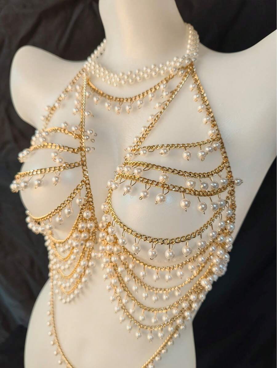 mi様　Pearl Chain Harness Hot Elegant Imitation Pearl Women Body Chain Chest Harness